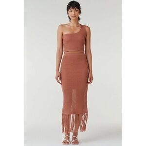 Vetta Capsule Collection One Shoulder Knit Top and Fringe Skirt Set in Clay
